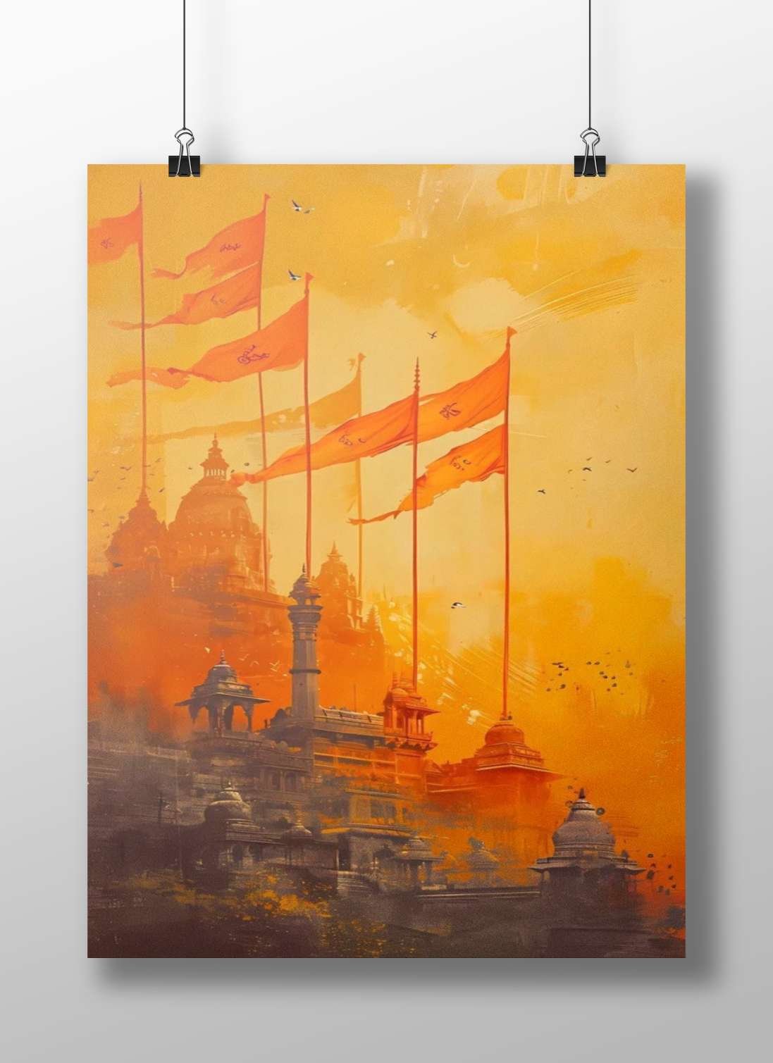 Orange flags with "Om" symbols and Hindu temple complex Main Subject: Orange flags with "Om" symbols and Hindu temple