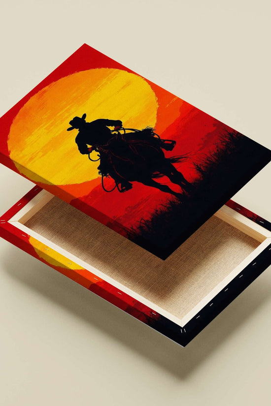 Wild West Cowboy Sunset Silhouette Poster – Vibrant Modern Minimalist Wall Art