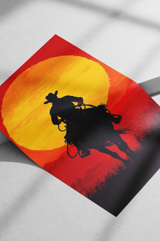 Wild West Cowboy Sunset Silhouette Poster – Vibrant Modern Minimalist Wall Art