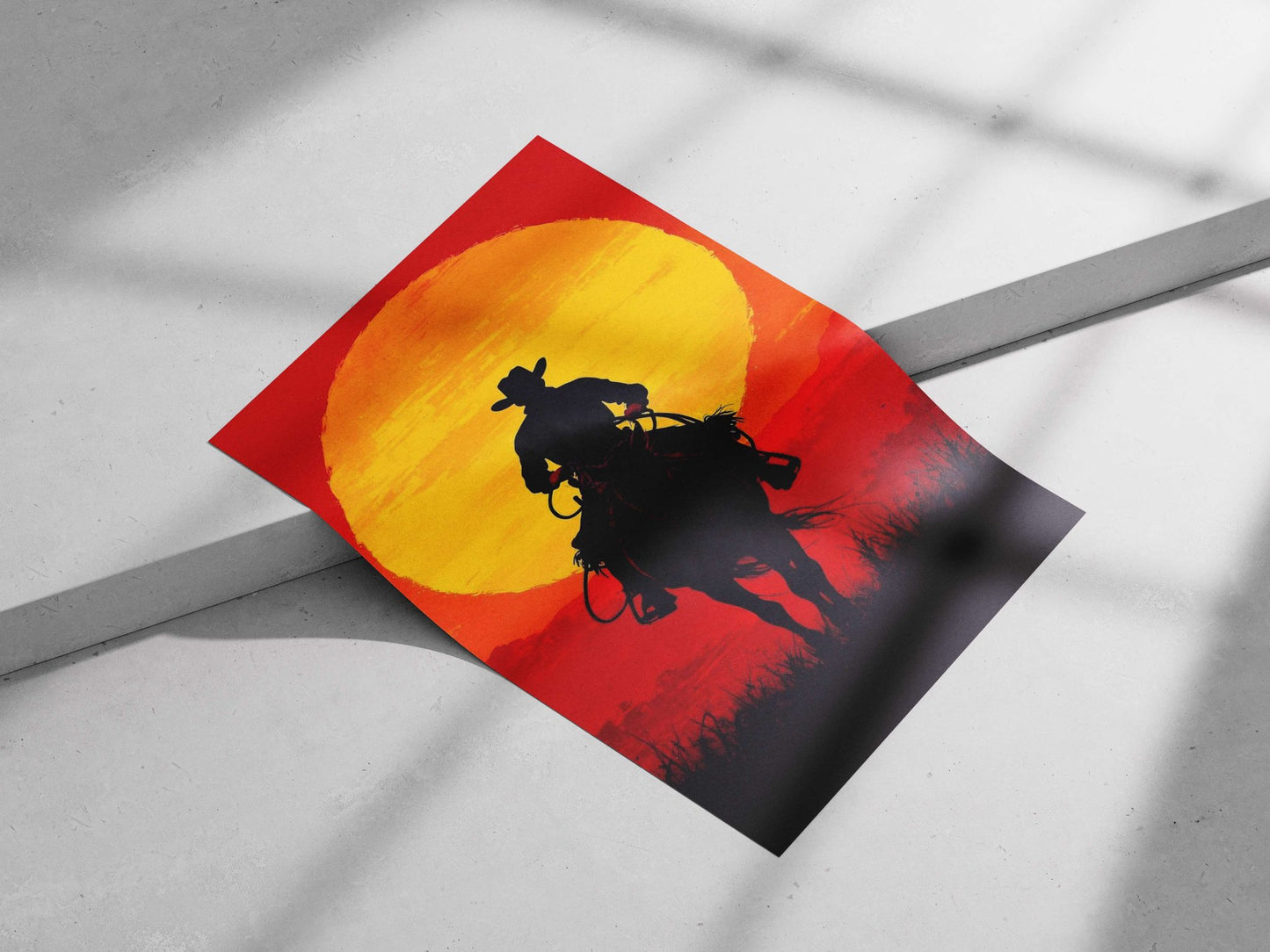 Wild West Cowboy Sunset Silhouette Poster – Vibrant Modern Minimalist Wall Art