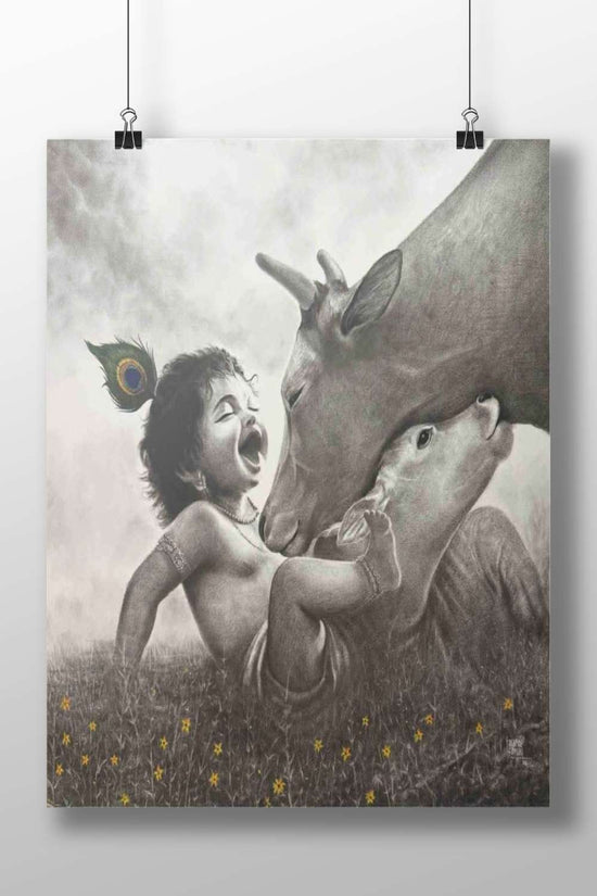 Baby Krishna (Hindu deity) with a peacock feather and two cows Main Subject: Baby Krishna (Hindu deity) with a peacock