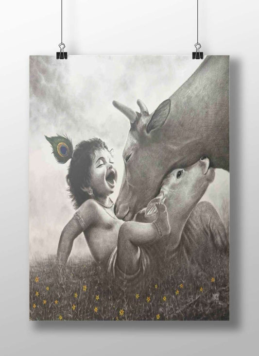 Baby Krishna (Hindu deity) with a peacock feather and two cows Main Subject: Baby Krishna (Hindu deity) with a peacock