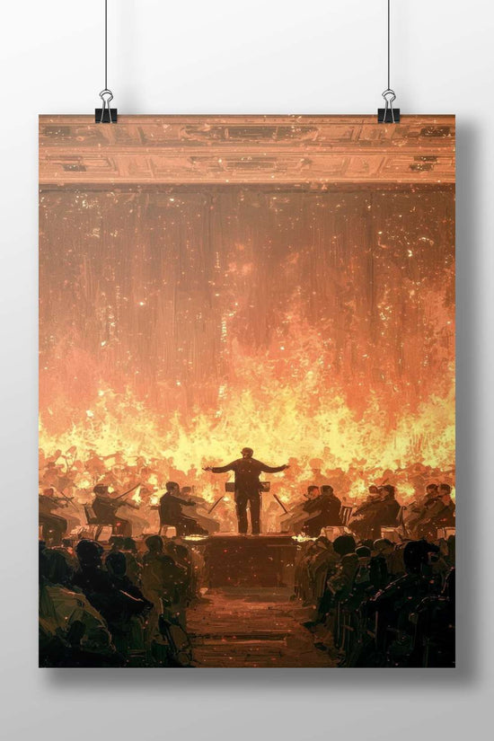 Conductor with outstretched arms standing on stage, silhouetted against a massive fiery backdrop with orchestra