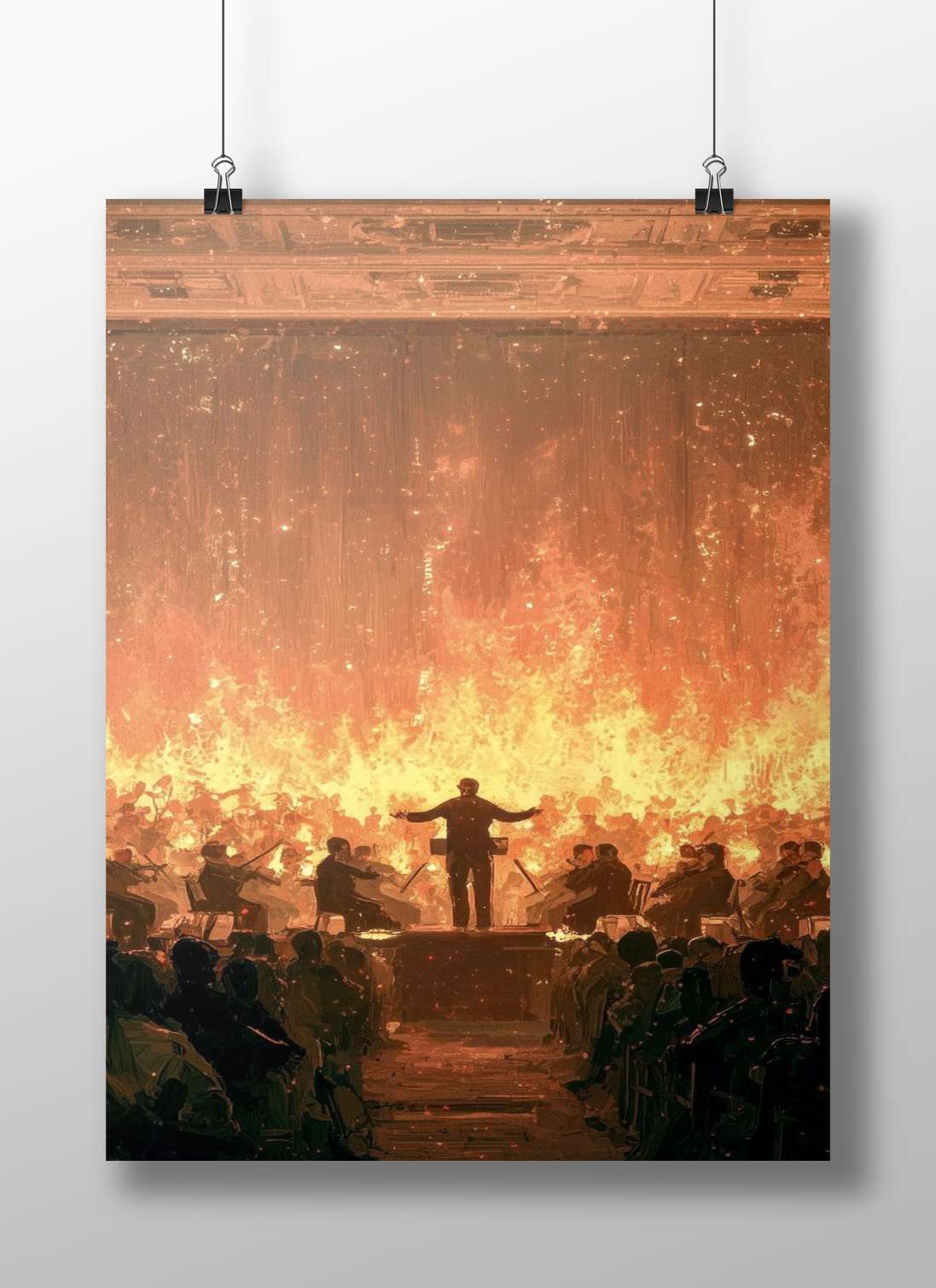 Conductor with outstretched arms standing on stage, silhouetted against a massive fiery backdrop with orchestra