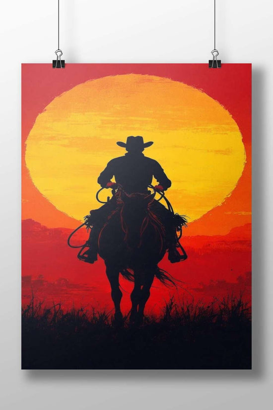 Wild West Cowboy Sunset Silhouette Poster – Vibrant Modern Minimalist Wall Art