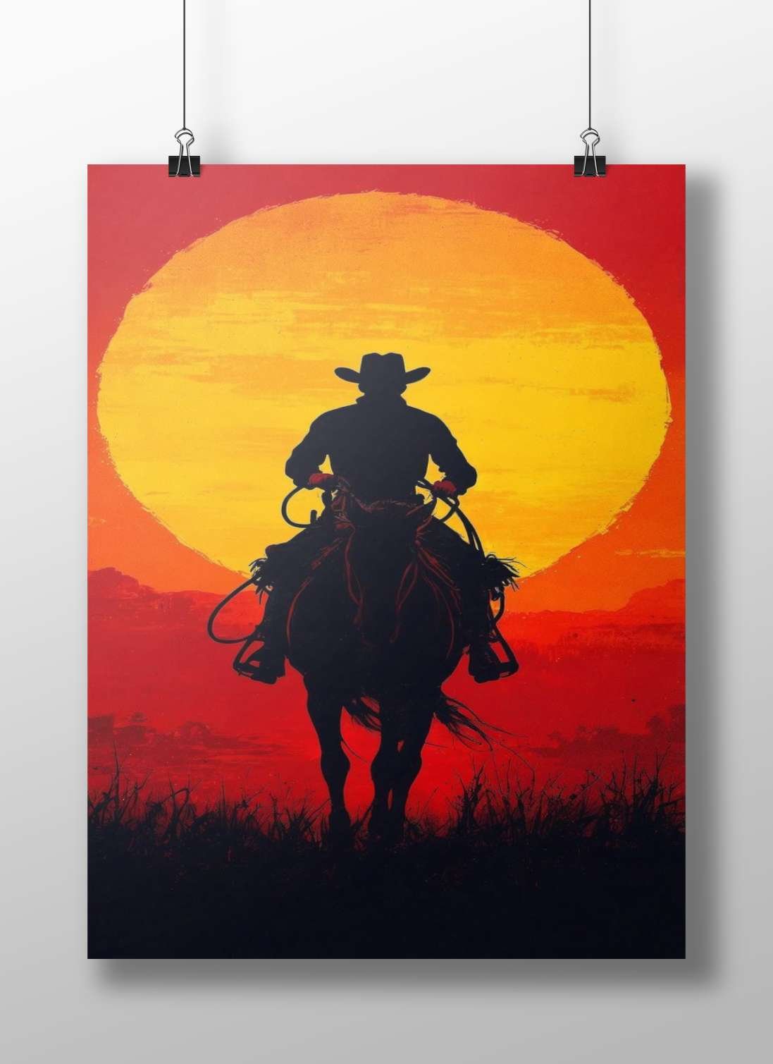 Wild West Cowboy Sunset Silhouette Poster – Vibrant Modern Minimalist Wall Art
