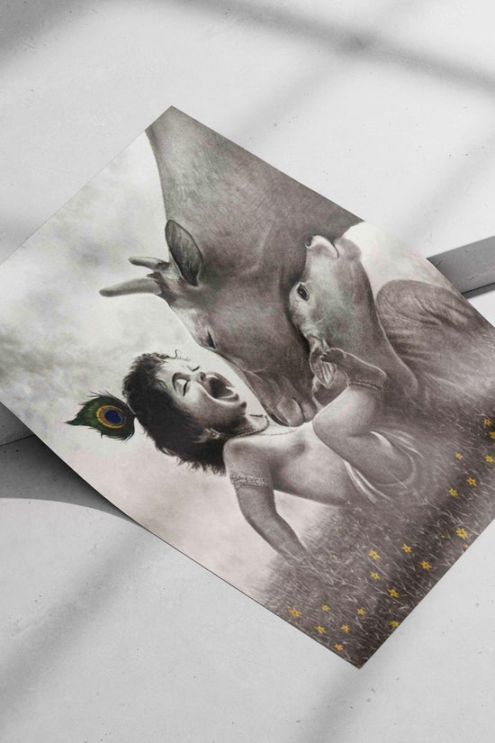 Baby Krishna (Hindu deity) with a peacock feather and two cows Main Subject: Baby Krishna (Hindu deity) with a peacock