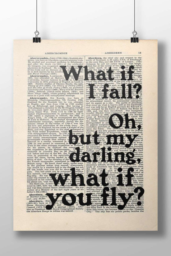 The phrase "What if it all fell? Oh, but my darlings, what if you're wrong?" Main Subject: The phrase "What if it all fell?