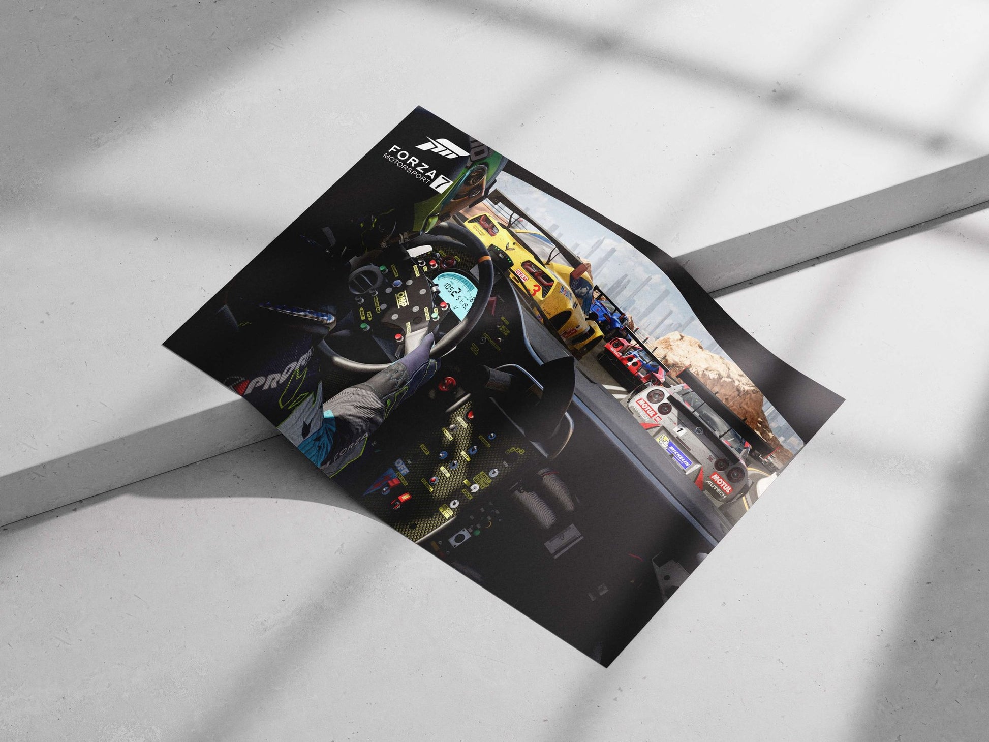 Forza Motorsport 7 (video game) featuring Chevrolet Corvette Z06 (GTLM 3) and Nissan GT-R racing cars. Main Subject: Forza