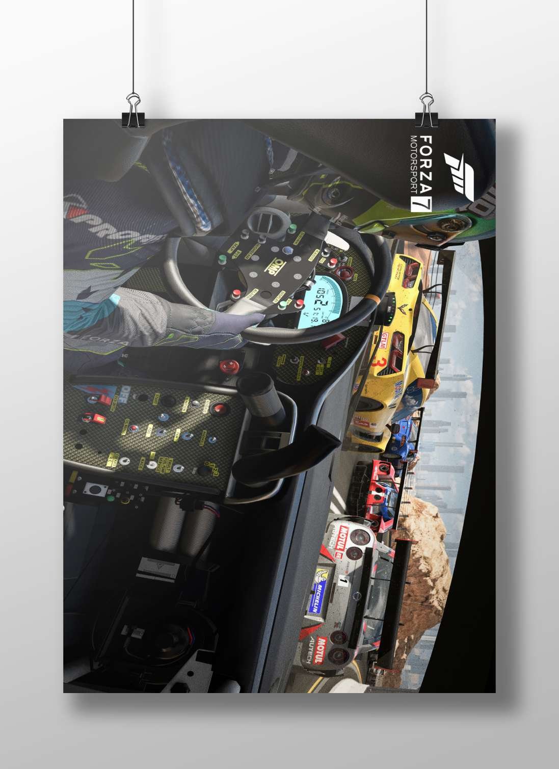 Forza Motorsport 7 (video game) featuring Chevrolet Corvette Z06 (GTLM 3) and Nissan GT-R racing cars. Main Subject: Forza