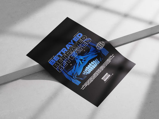 The repeated textual element "BETRAYED" with a stylized blue face graphic Betrayed - Trauma Stylized