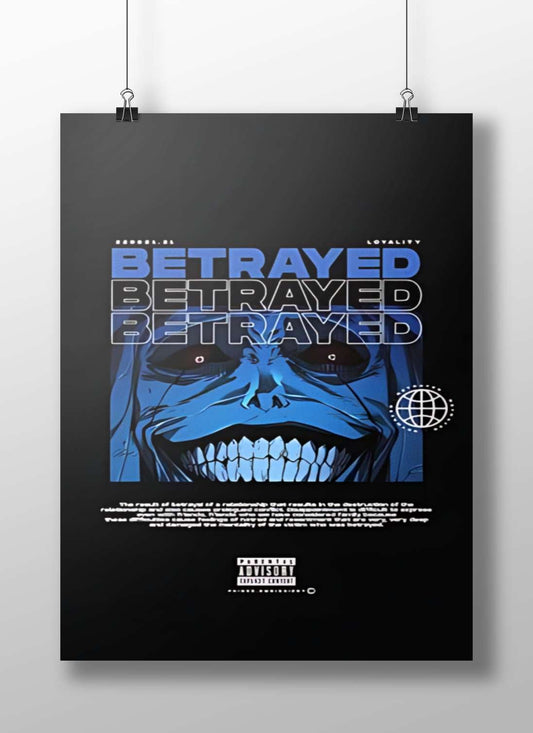 The repeated textual element "BETRAYED" with a stylized blue face graphic Betrayed - Trauma Stylized