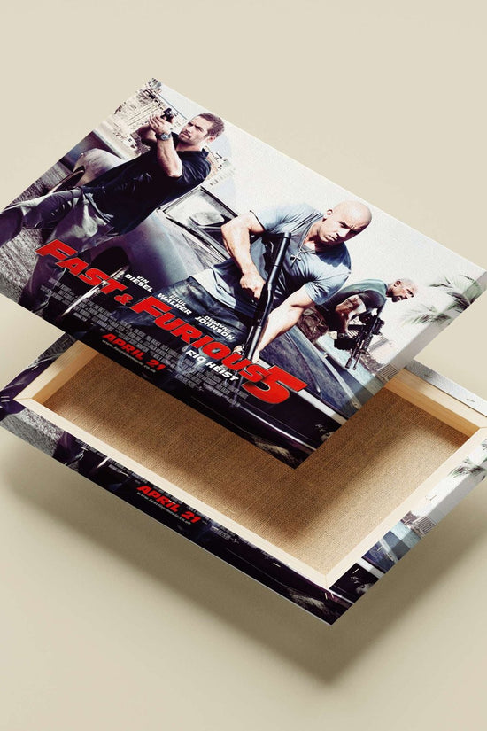 Fast & Furious 5 (movie franchise) featuring Vin Diesel, Paul Walker, and Dwayne Johnson. Dominic