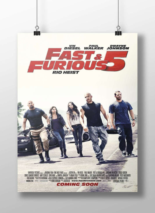 The film "Fast & Furious 5: Rio Heist" starring Vin Diesel, Paul Walker, and Dwayne