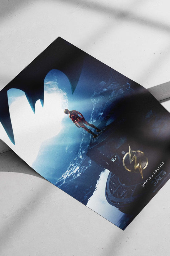 The Flash (Barry Allen), DC Comics superhero, in the "Worlds Collide" movie poster. Main Subject: The Flash (Barry Allen),