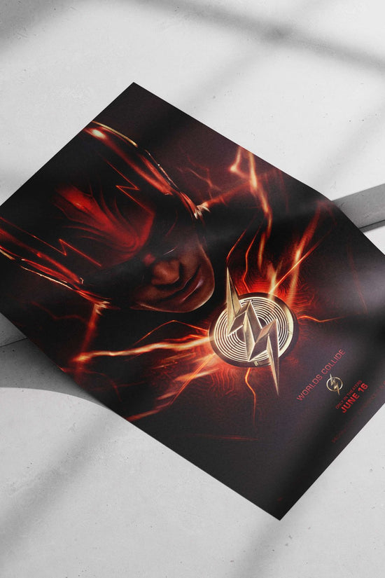 The Flash (Barry Allen) from DC Comics' "Worlds Collide" movie poster. Main Subject: The Flash (Barry Allen) from DC Comics'