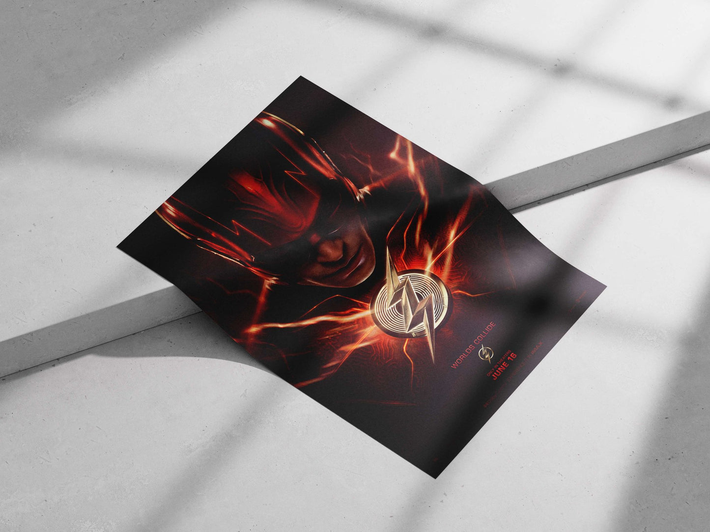 The Flash (Barry Allen) from DC Comics' "Worlds Collide" movie poster. Main Subject: The Flash (Barry Allen) from DC Comics'