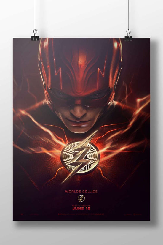 The Flash (Barry Allen) from DC Comics' "Worlds Collide" movie poster. Main Subject: The Flash (Barry Allen) from DC Comics'