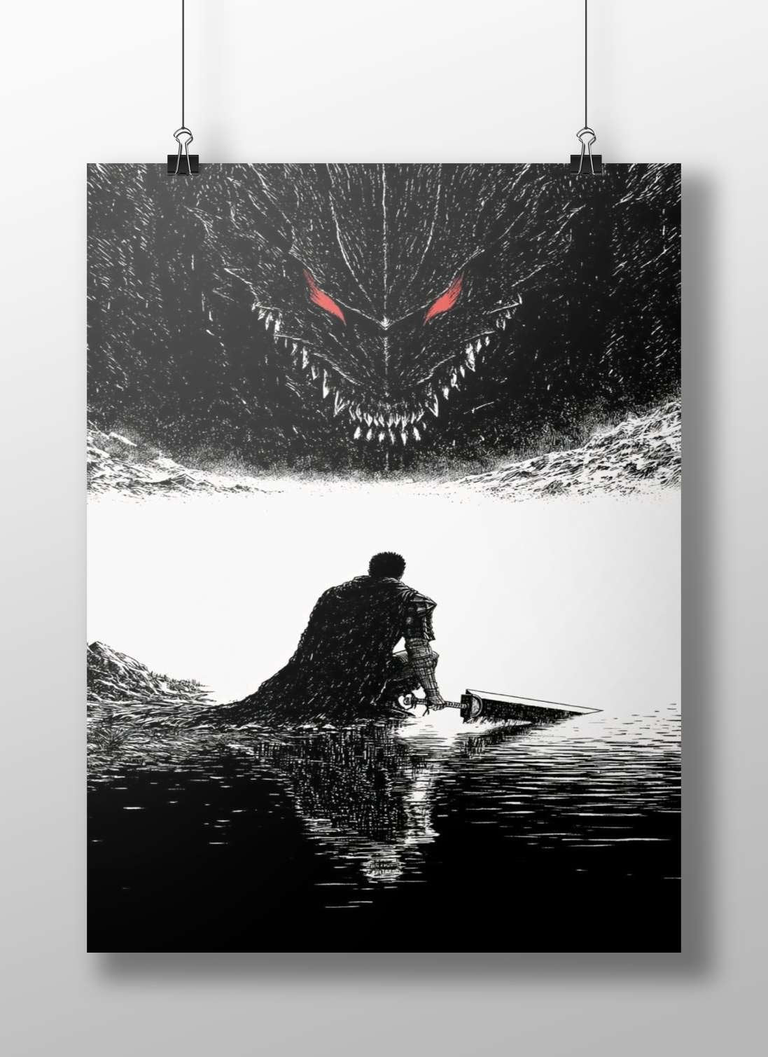 Guts (character from Berserk) confronting the Eclipse (the Great Demon from Berserk) Main Subject: Guts (character from