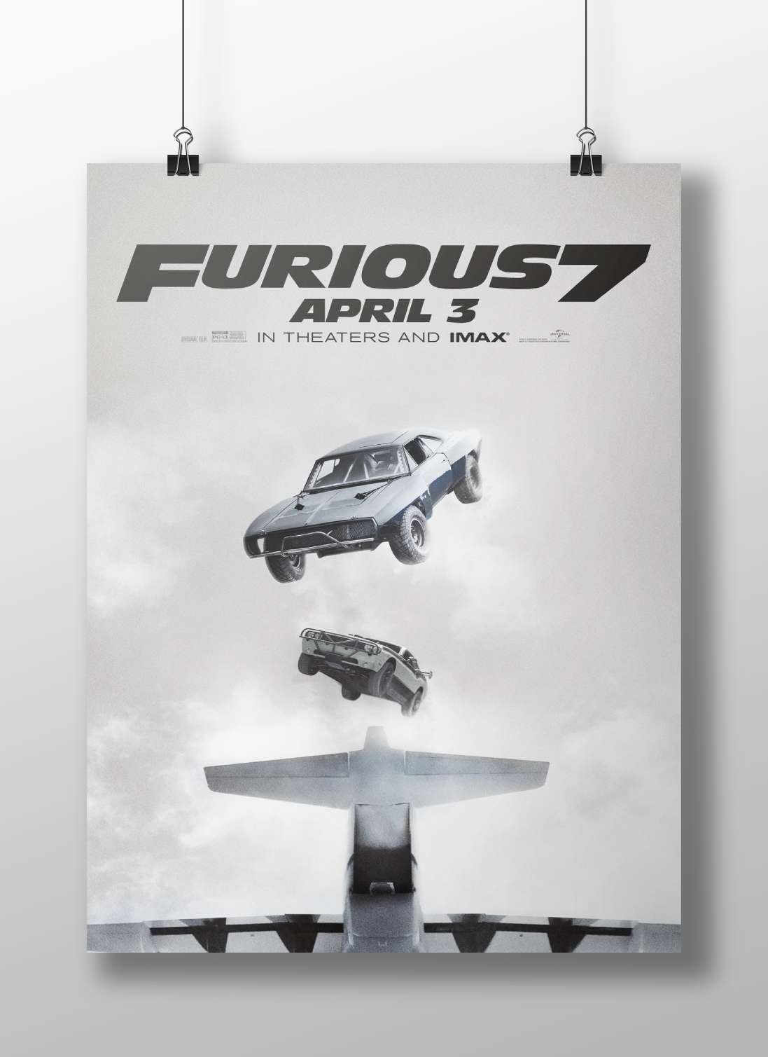 Fast & Furious franchise's "Furious 7" film featuring Dodge Charger and GMC Sierra car models. Main Subject: Fast & Furious