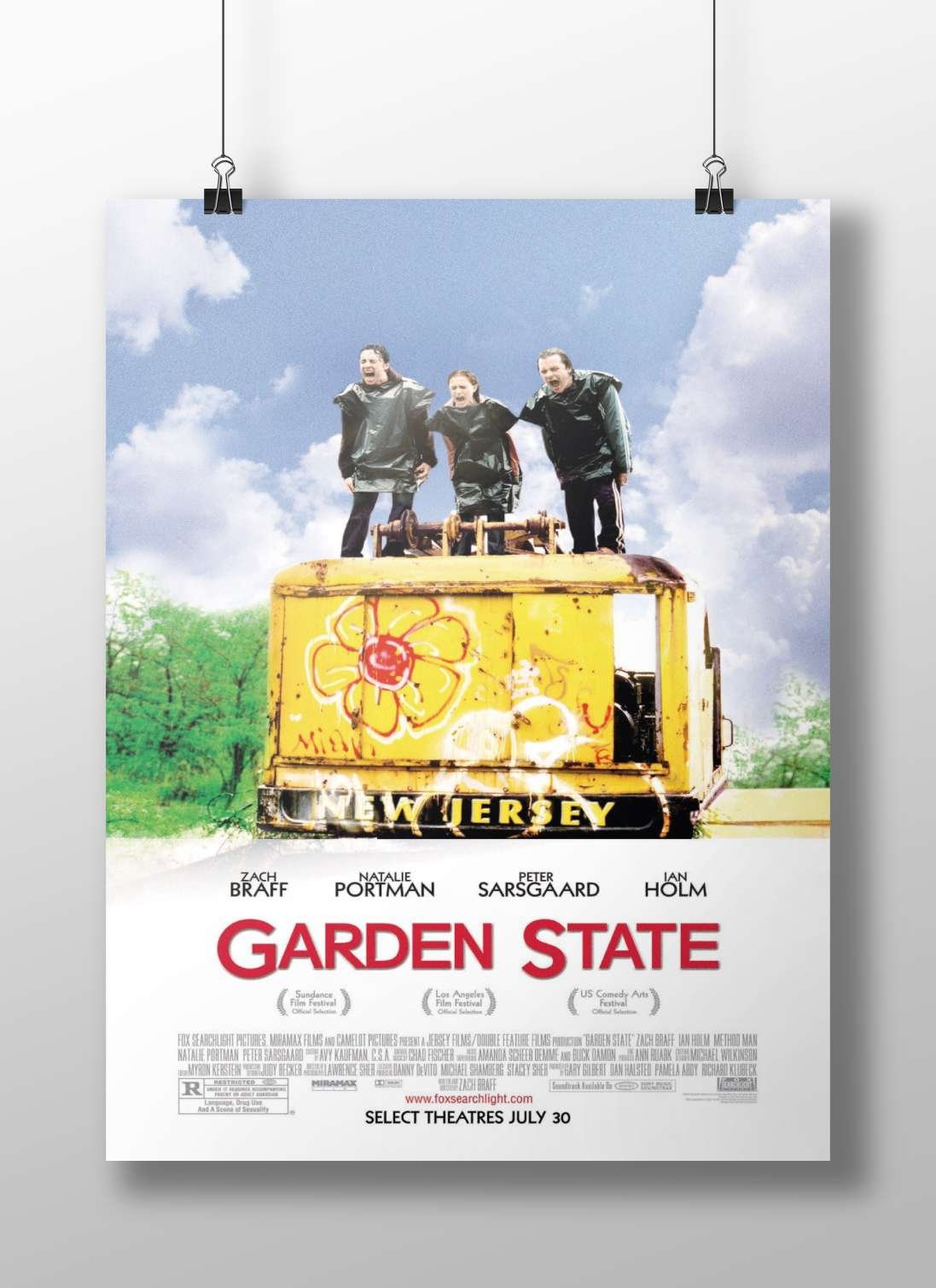 The film "Garden State" starring Zach Braff, Natalie Portman, Peter Sarsgaard, and Ian Holm. Main Subject: The film "Garden