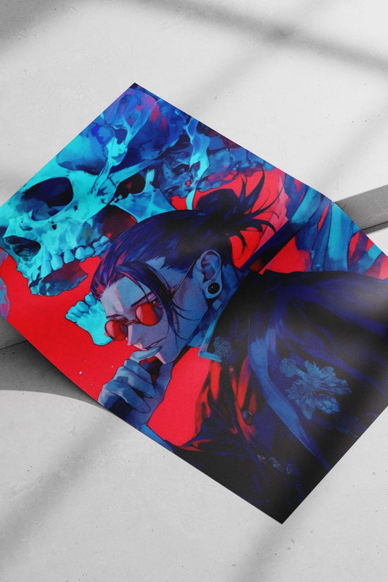 A stylized male character with red sunglasses, high ponytail, and dark coat Main Subject: A stylized male character with red
