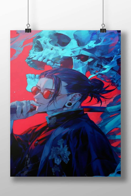 A stylized male character with red sunglasses, high ponytail, and dark coat Main Subject: A stylized male character with red