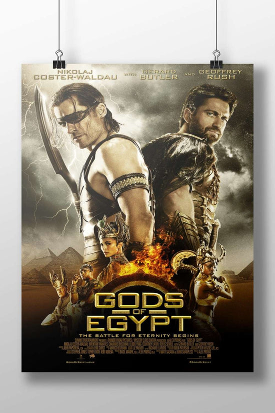 The movie poster for "Gods of Egypt" featuring actors Nikolaj Coster-Waldau, Gerard Butler, and Geoffrey Rush. Main Subject: