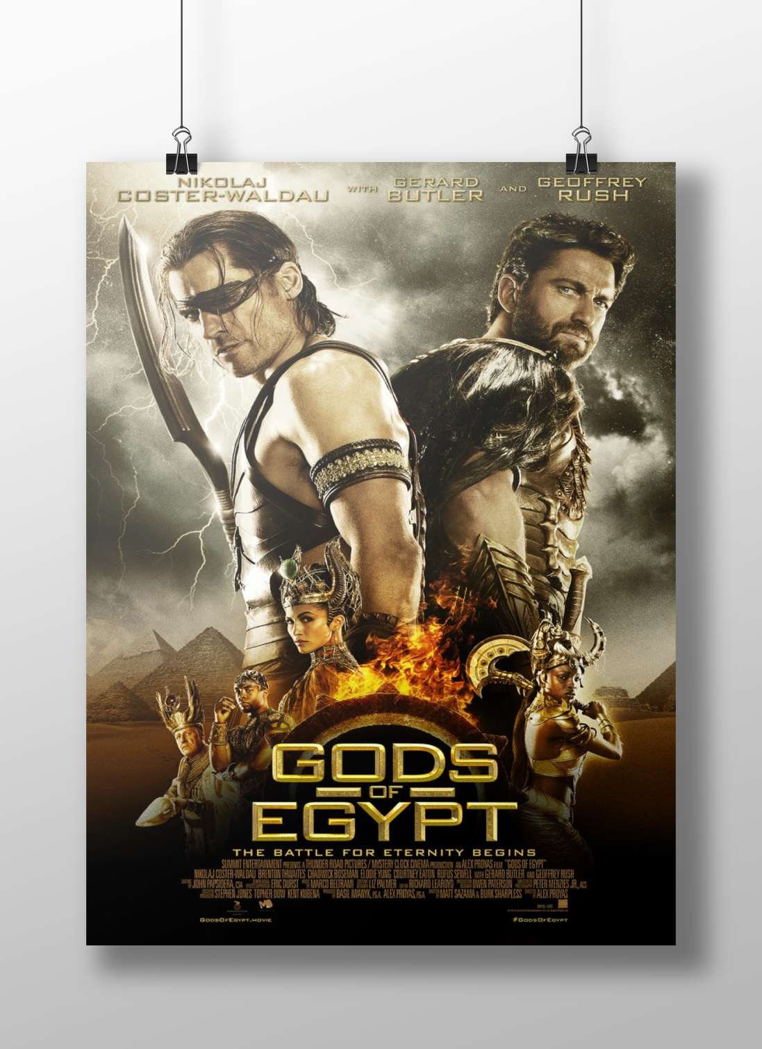 The movie poster for "Gods of Egypt" featuring actors Nikolaj Coster-Waldau, Gerard Butler, and Geoffrey Rush. Main Subject: