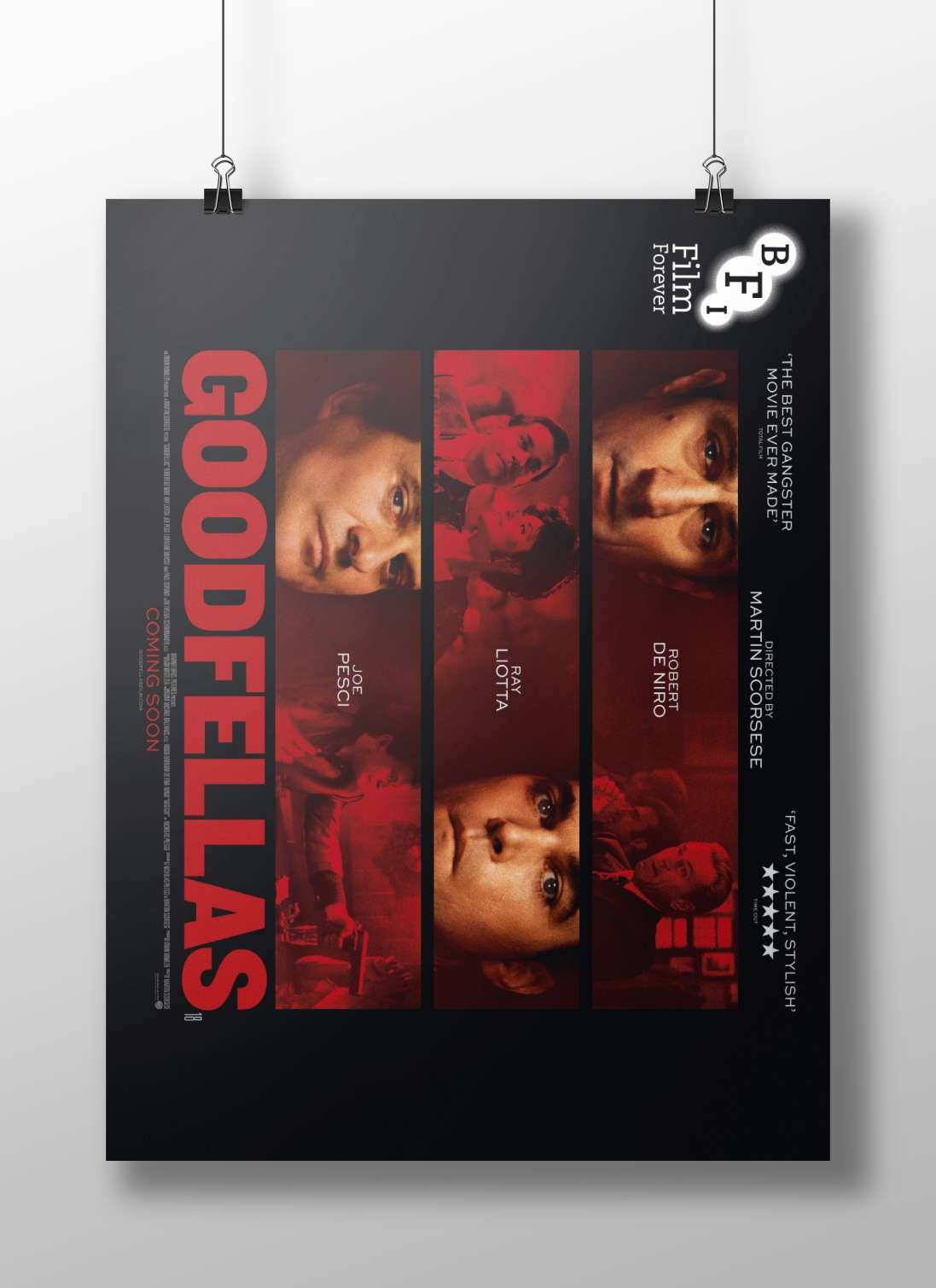 The film "Goodfellas" featuring actors Joe Pesci, Ray Liotta, and Robert De Niro. Main Subject: The film "Goodfellas"