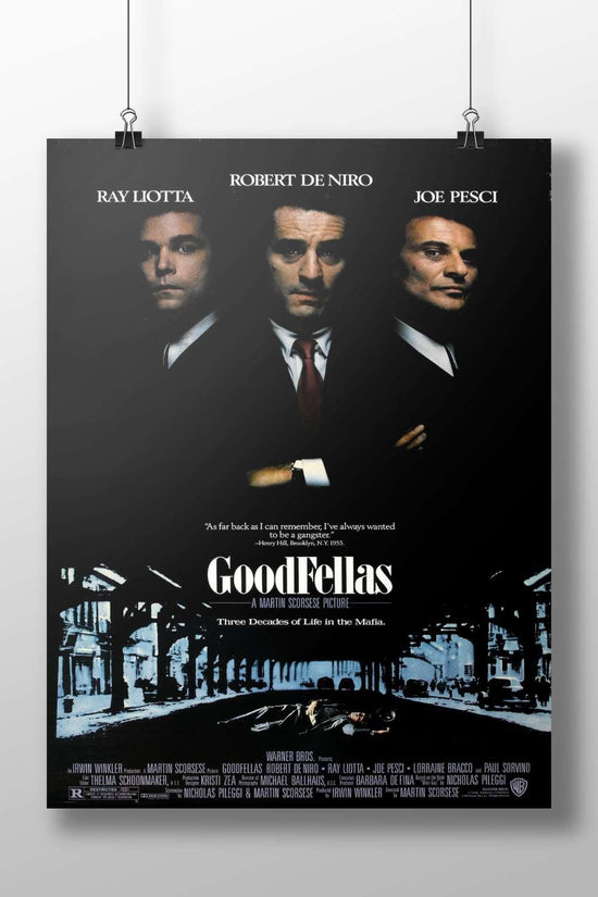 The movie poster for "GoodFellas" featuring Robert De Niro, Ray Liotta, and Joe Pesci. Main Subject: The movie poster for