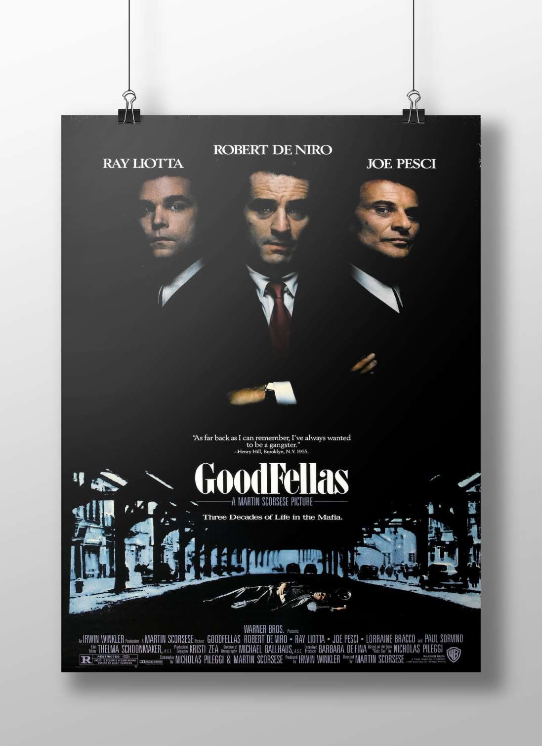 The movie poster for "GoodFellas" featuring Robert De Niro, Ray Liotta, and Joe Pesci. Main Subject: The movie poster for
