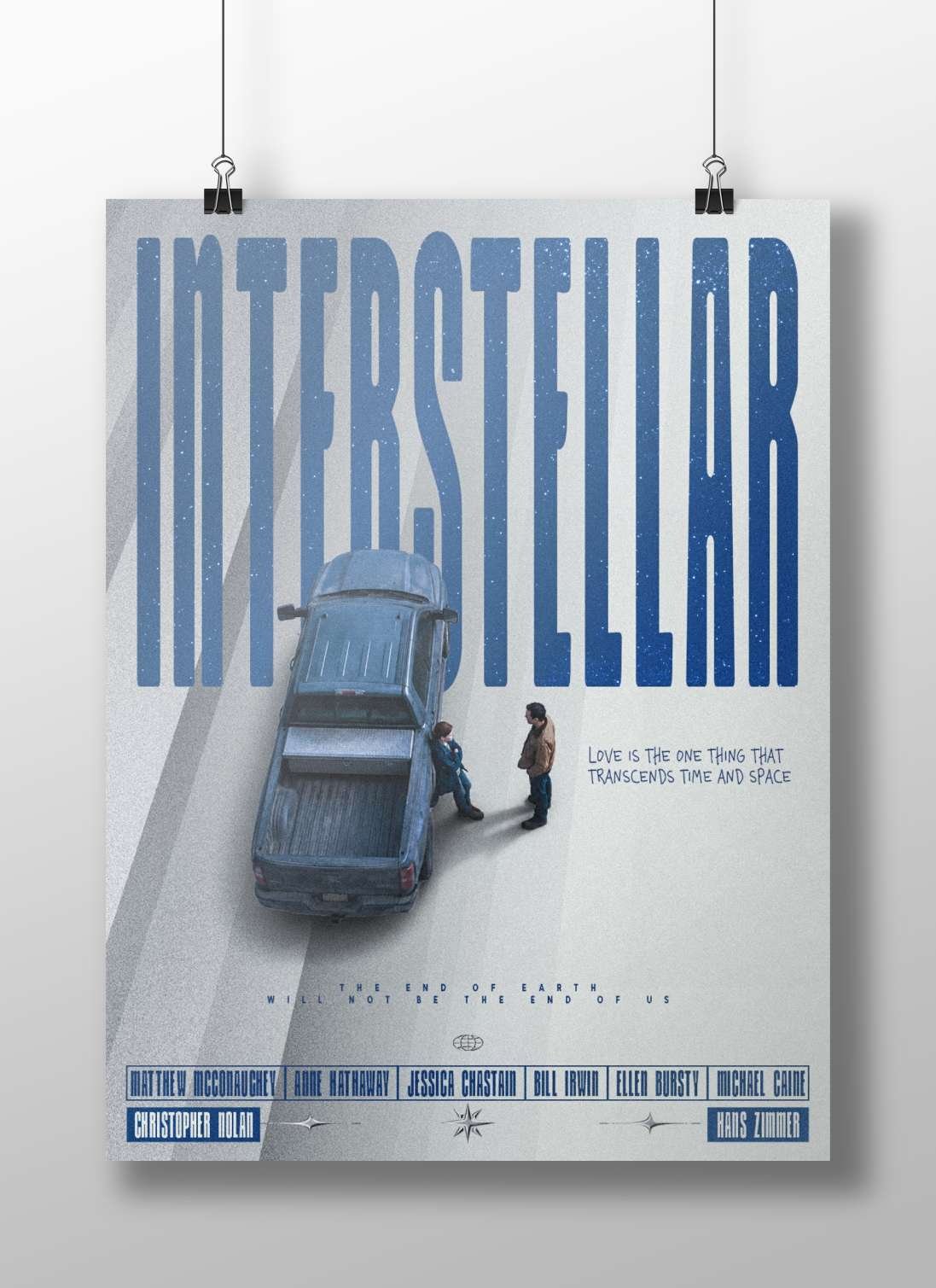 The "Interstellar" (2014) film poster featuring actors Matthew McConaughey, Anne Hathaway, Jessica Chastain, Bill Irwin,