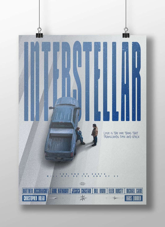 The "Interstellar" (2014) film poster featuring actors Matthew McConaughey, Anne Hathaway, Jessica Chastain, Bill Irwin,