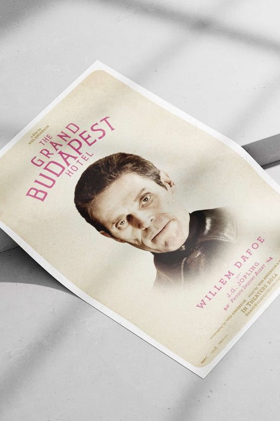 The Grand Budapest Hotel movie poster featuring Willem Dafoe as J.G. Jopling Main Subject: The Grand Budapest Hotel movie