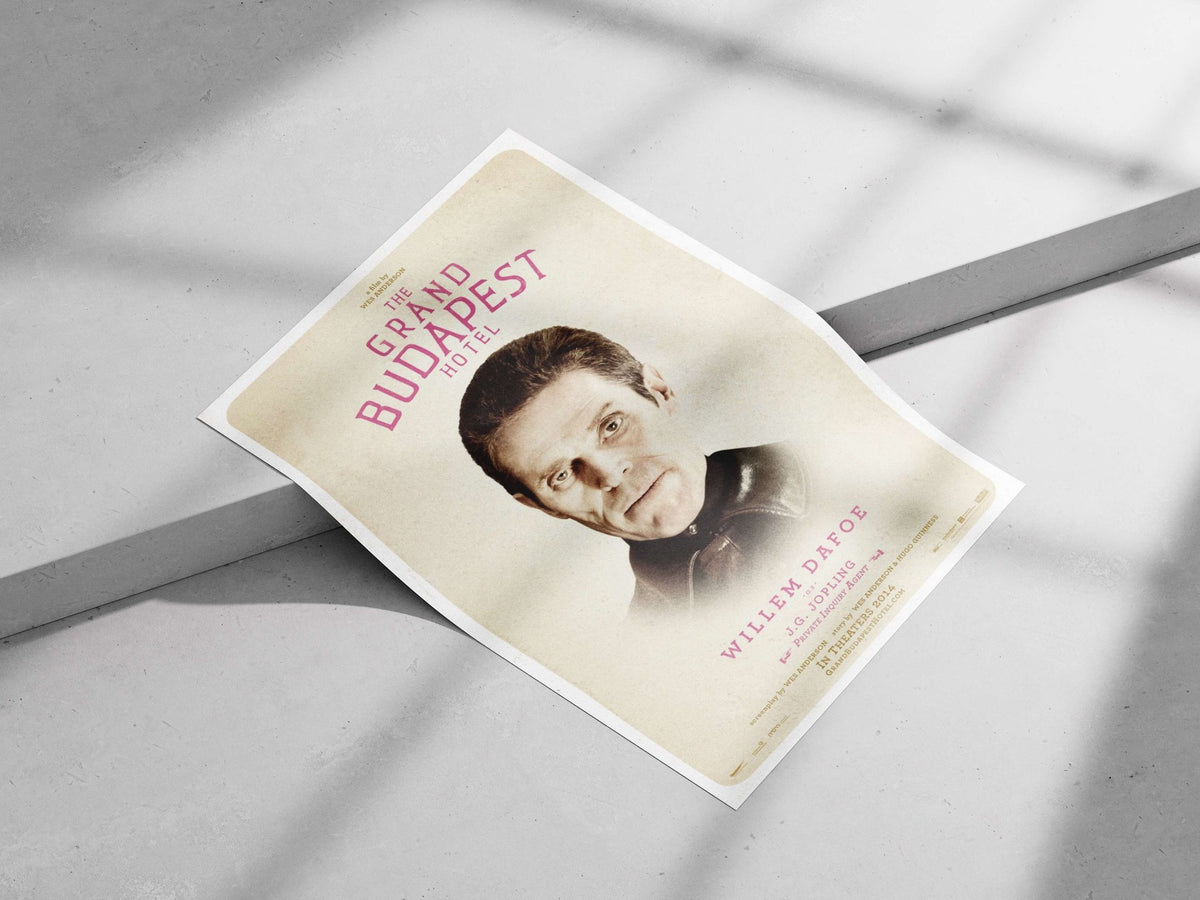 The Grand Budapest Hotel movie poster featuring Willem Dafoe as J.G. Jopling Main Subject: The Grand Budapest Hotel movie