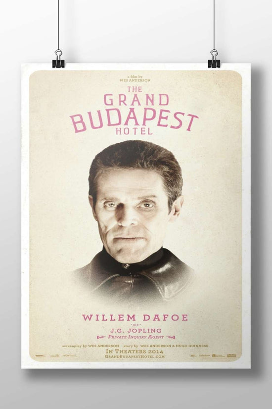 The Grand Budapest Hotel movie poster featuring Willem Dafoe as J.G. Jopling Main Subject: The Grand Budapest Hotel movie
