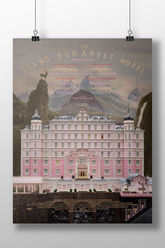 The film "The Grand Budapest Hotel" (Wes Anderson's 2014 movie) with cast names listed (e.g., Ralph Fiennes, Edward Norton).