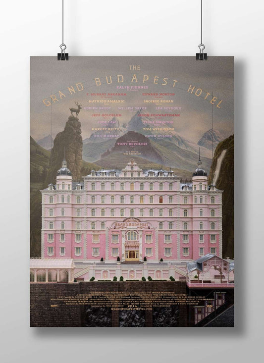 The film "The Grand Budapest Hotel" (Wes Anderson's 2014 movie) with cast names listed (e.g., Ralph Fiennes, Edward Norton).