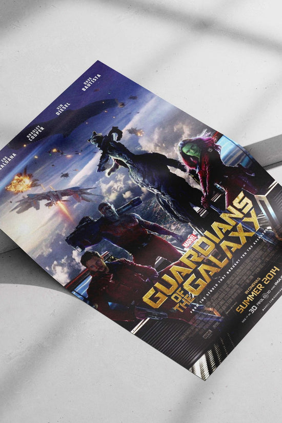 Marvel's Guardians of the Galaxy characters (Peter Quill, Gamora, Rocket, Groot, Drax) from the 2014 film. Main Subject: