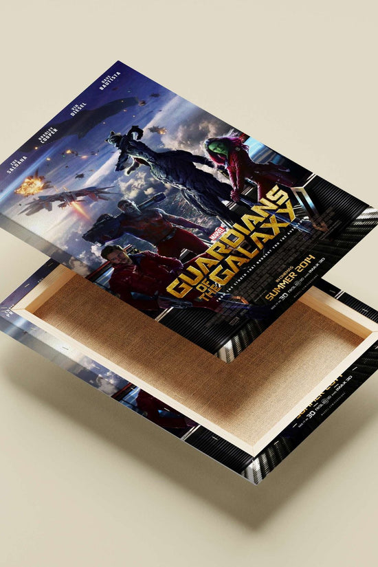 Marvel's Guardians of the Galaxy characters (Peter Quill, Gamora, Rocket, Groot, Drax) from the 2014 film. Main Subject: