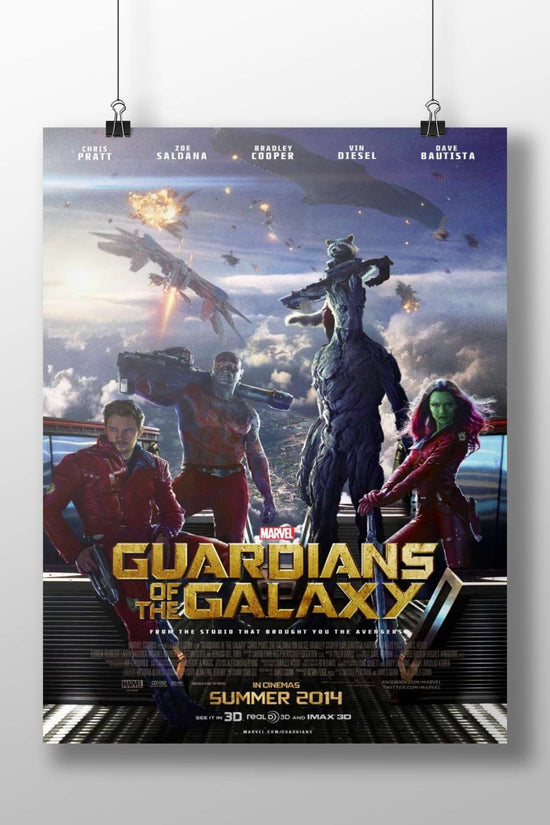 Marvel's Guardians of the Galaxy characters (Peter Quill, Gamora, Rocket, Groot, Drax) from the 2014 film. Main Subject: