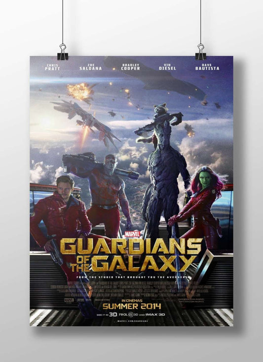 Marvel's Guardians of the Galaxy characters (Peter Quill, Gamora, Rocket, Groot, Drax) from the 2014 film. Main Subject: