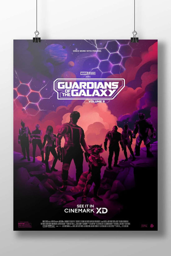 Marvel Studios' Guardians of the Galaxy Volume 3 featuring Peter Quill, Gamora, Rocket Raccoon, Drax, Nebula, and Mantis.