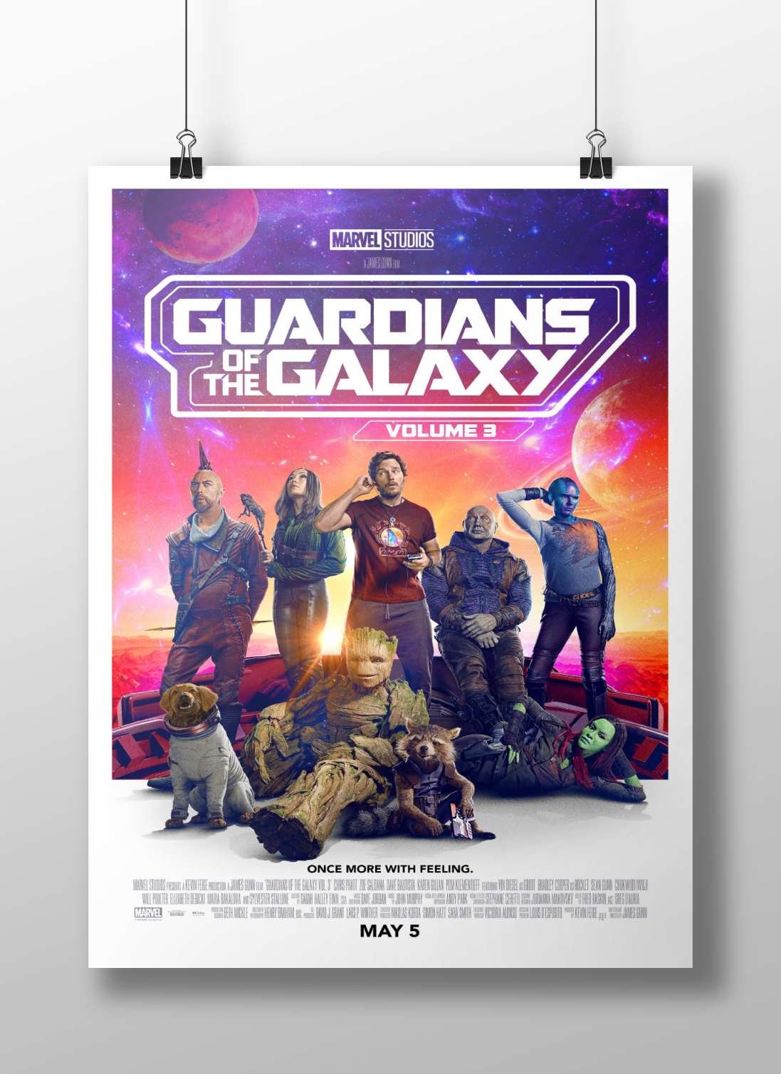 The characters from Marvel Studios' Guardians of the Galaxy Vol. 3, including Peter Quill (Star-Lord), Gamora, Rocket