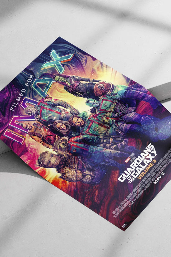 Guardians of the Galaxy Volume 3 characters (Peter Quill, Gamora, Rocket Raccoon, Groot, Drax, Mantis). Main Subject:
