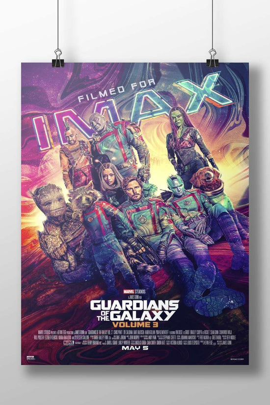 Guardians of the Galaxy Volume 3 characters (Peter Quill, Gamora, Rocket Raccoon, Groot, Drax, Mantis). Main Subject: