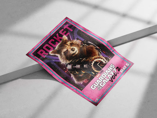 Rocket, a character from Marvel Studios' Guardians of the Galaxy Vol. 2. Main Subject: Rocket, a character from Marvel