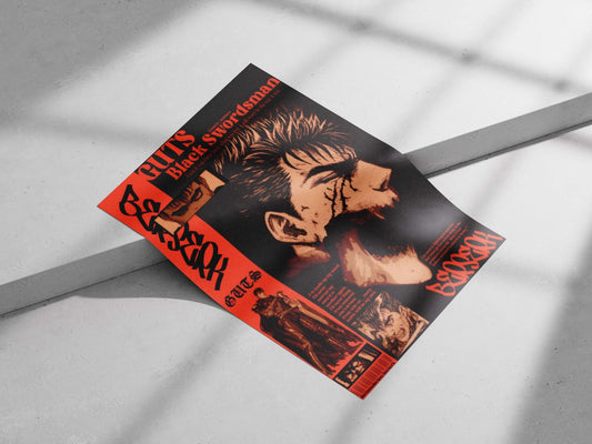 Guts (Black Swordsman from Berserk franchise) Main Subject: Guts (Black Swordsman from Berserk franchise) Matte poster print