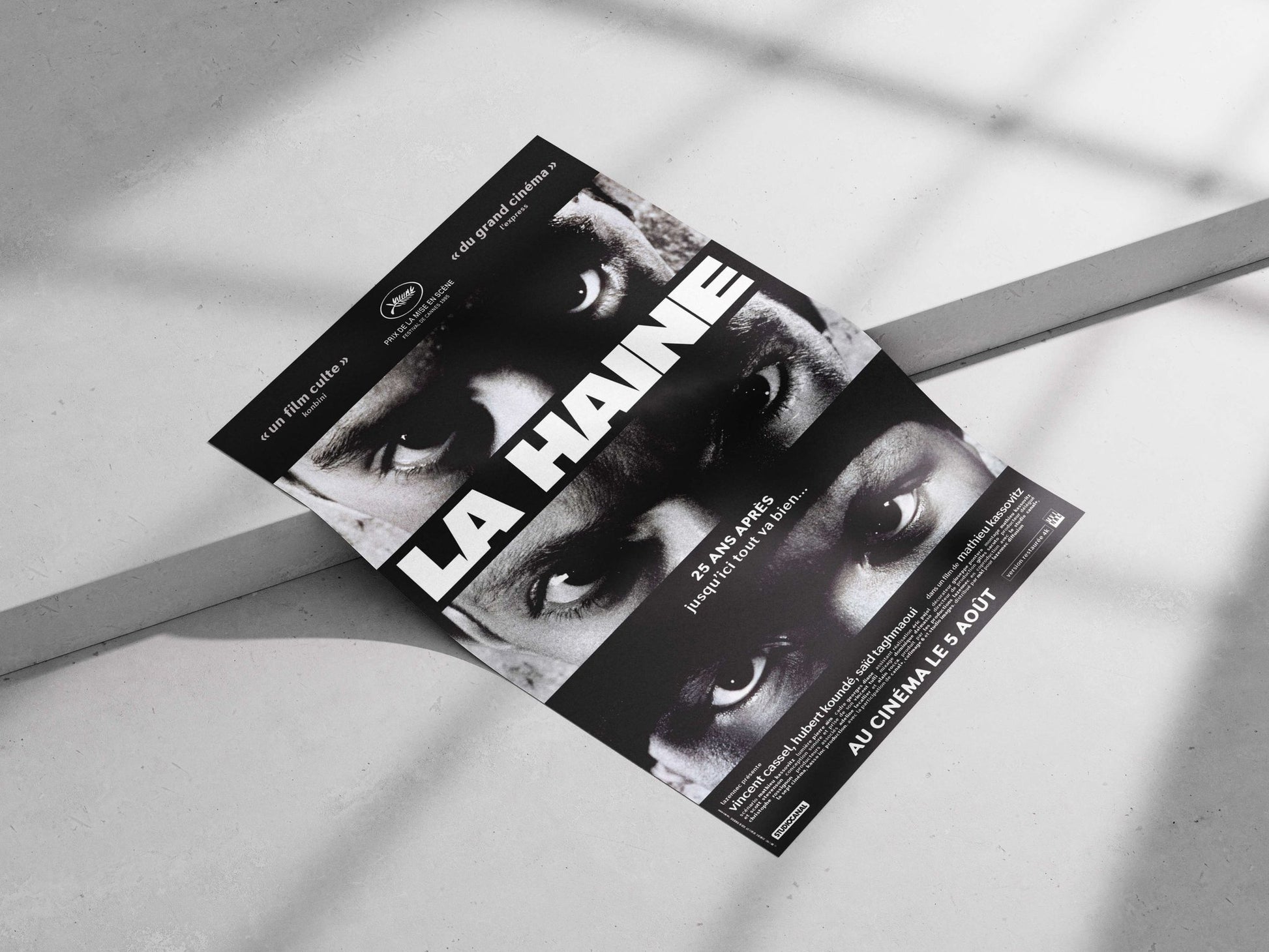 The film "La Haine" (1995), directed by Mathieu Kassovitz, starring Vincent Cassel, Hubert Koundé, and Saïd Taghmaoui. Main